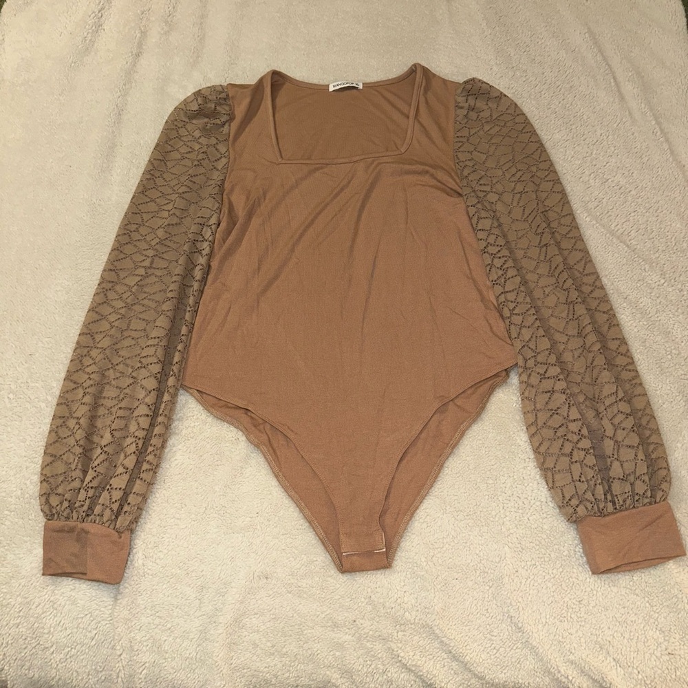 Wild Fable Brown Bodysuit with Patterned Sleeves